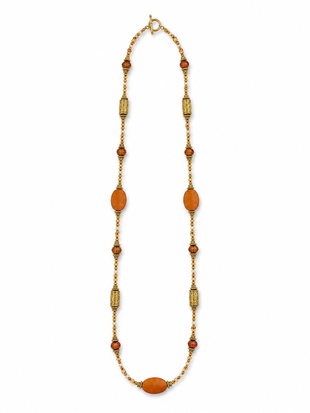 Boho Long Wood & Acrylic Brown And Ivory Beaded Necklace Gold Tone - Picture 3 of 6